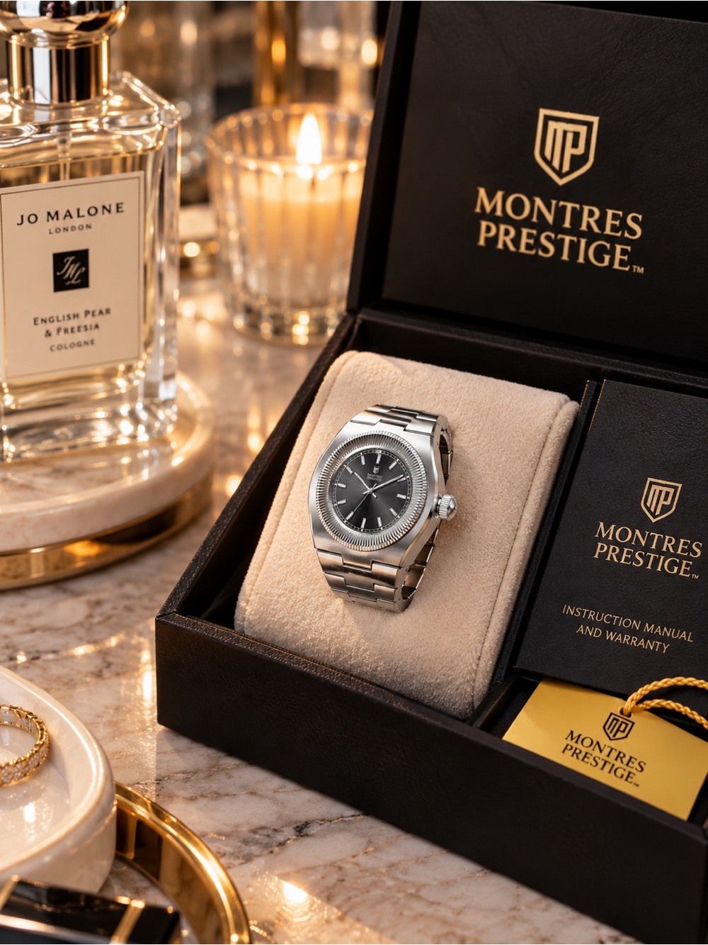 Montres Prestige MPW-0381 Silver Mini Ring Watch Black Dial NWT